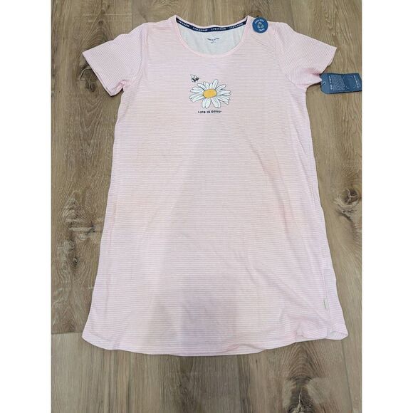 Life Is Good Pink Daisy Bee Nightgown Women’s L Striped Sleep Shirt NWT - Picture 2 of 12